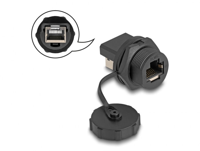 DeLOCK Accoppiatore RJ45 Cat.6A con cappuccio di protezione per installazione integrata IP67 polvere e impermeabile