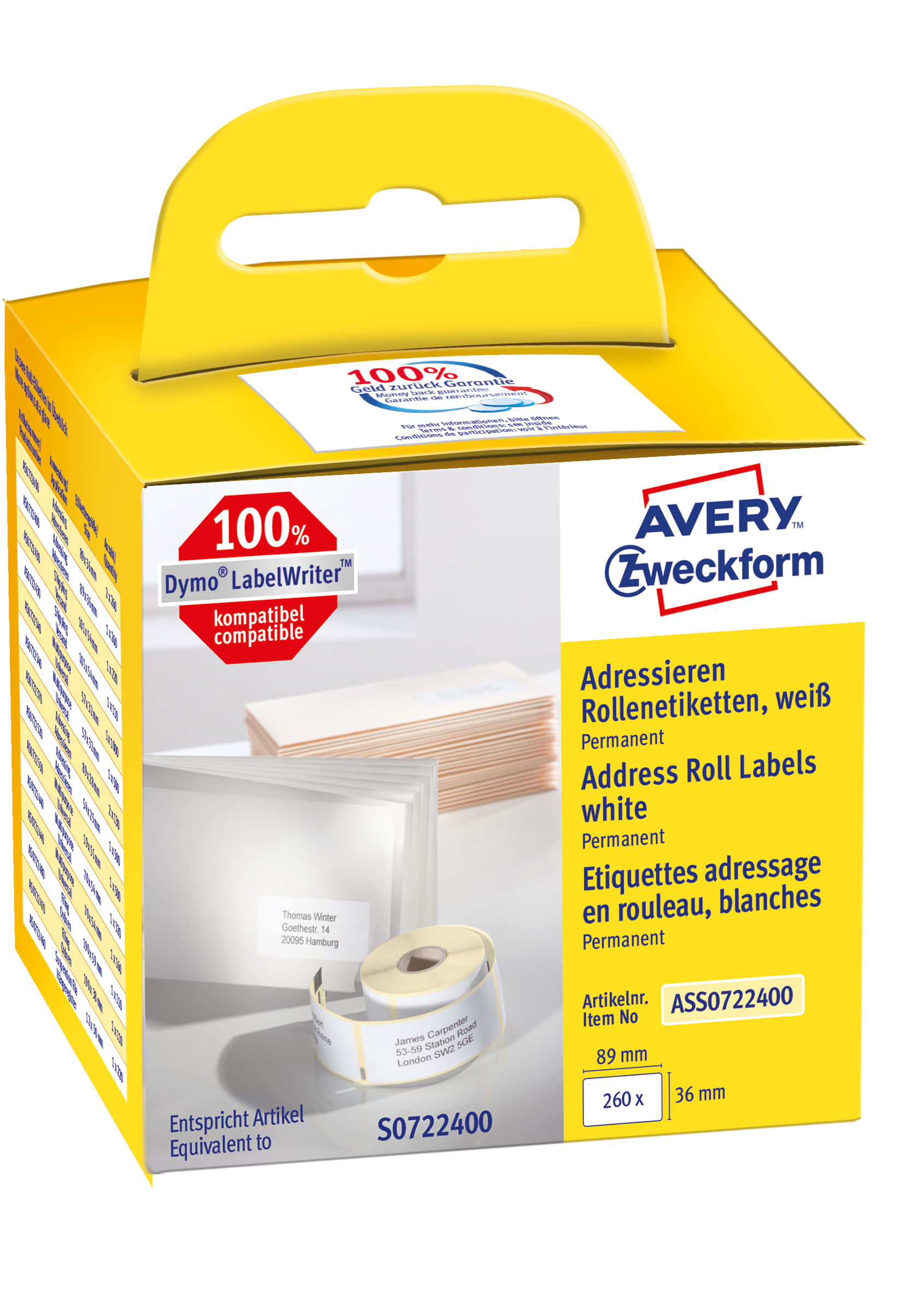 Avery Zweckform - Carta - Adesivo permanente - Bianco - 36 x 89 mm 260 Etichetta(e) (1 Rotolo(i) x 260) Etichette rettan Avery ASS0722400 etichetta au