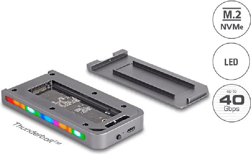 Delock USB 40 Gbps Gehäuse für 1 x M.2 NVMe SSD im Gaming Style mit LED und Lüfter - werkzeugfrei