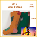 Calza befana set 2 calze decorazioni natalizie in feltro verde e gialla con toppe regali di natale addobbi natalizi vintage