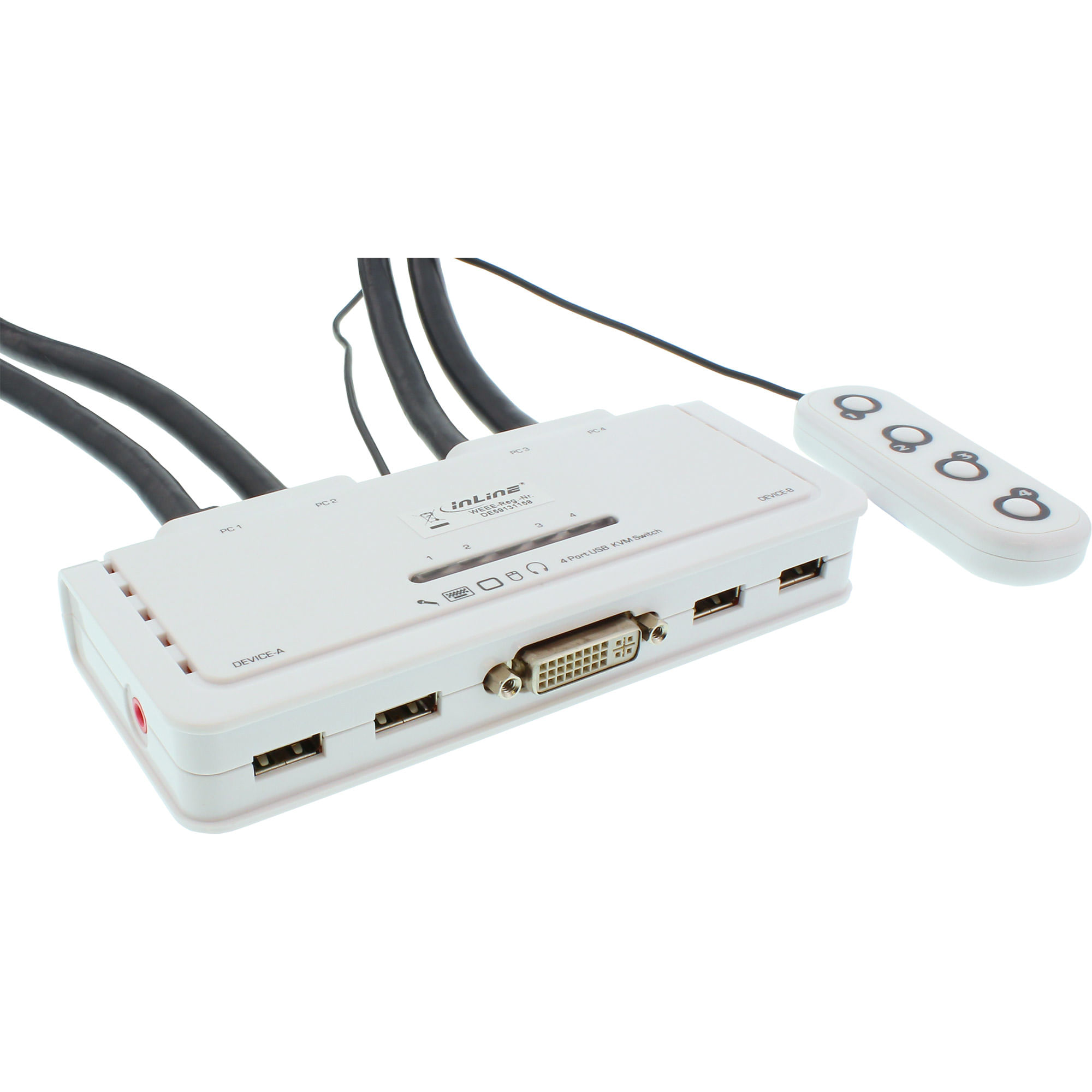 InLine Switch KVM - 4 vie - DVI-D - USB - con audio - cavo integrato InLine KVM Switch, 4 porte, USB DVI, Audio, all-in-one
