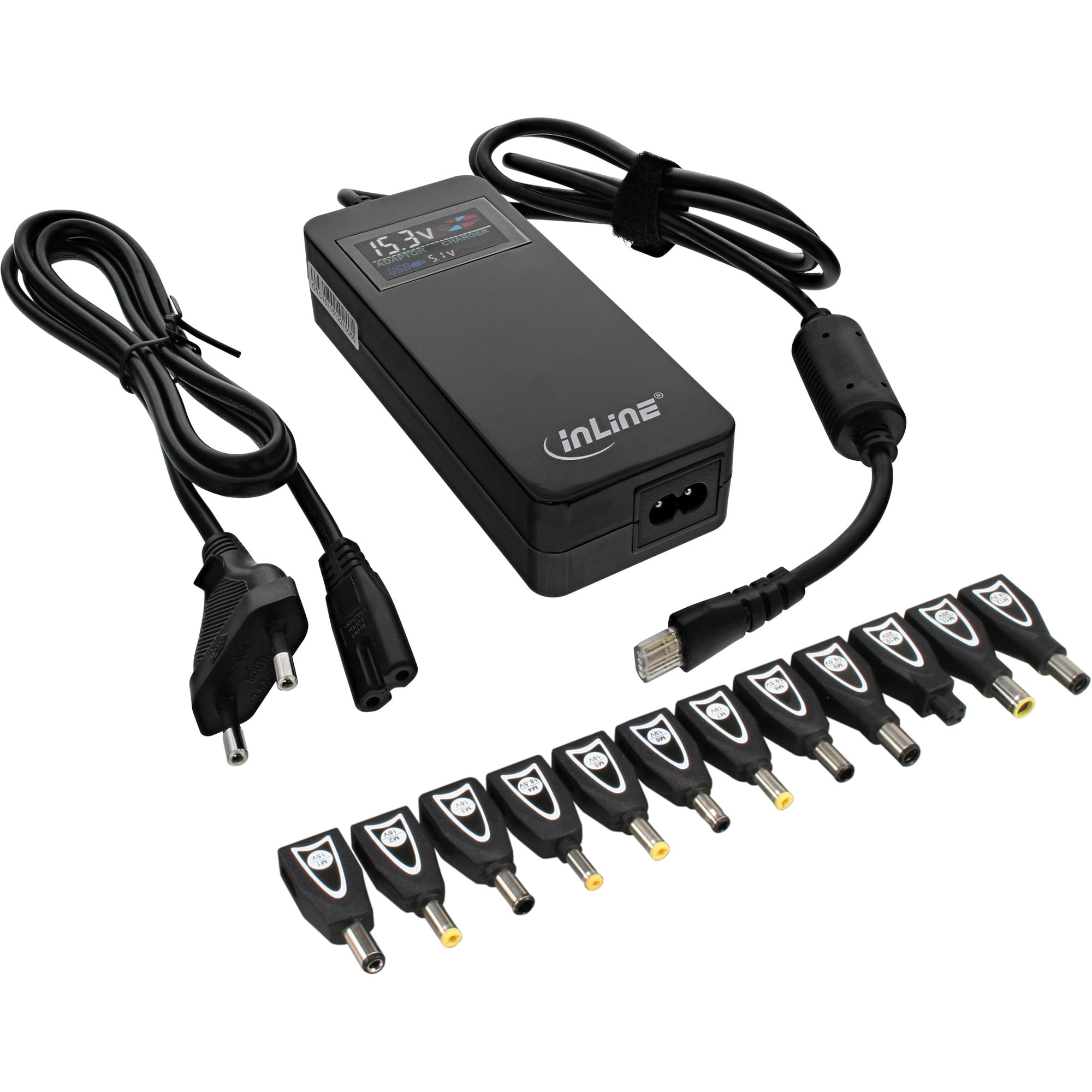 InLine Adattatore di rete universale per notebook 90W 100-240V 12 spine intercambiabili InLine Alimentatore Notebook, 90W, USB, 100-240V, Display colo