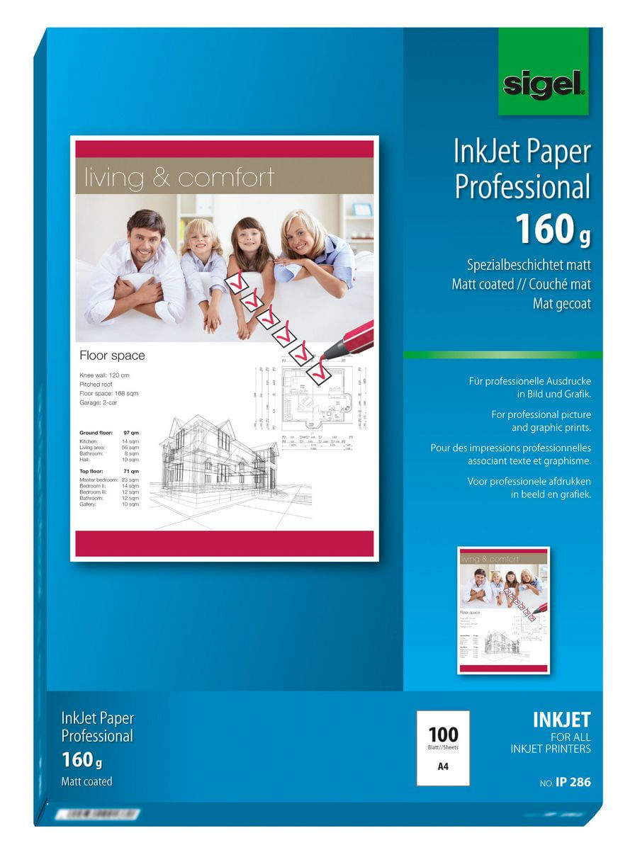 Sigel IP286 carta inkjet A4 (210x297 mm) Opaco 100 fogli Bianco