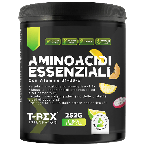EAA Aminoacidi Essenziali con mix di vitamine B1, B6 ed E - Integratore di amminoacidi naturali vegan T-Rex Integratori (Tropical, 252g polvere)