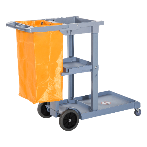 HOMCOM Carrello Pulizie Professionale con 3 Ripiani, Ganci Portascopa, 4 Ruote e Sacco 100L, Arancione 113 x 50.5 x 96.5cm