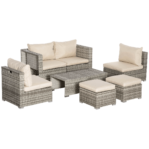 Outsunny Salotto da Giardino in Rattan PE da 8 Pezzi con Poltrone, Tavolini e Sgabelli, Beige