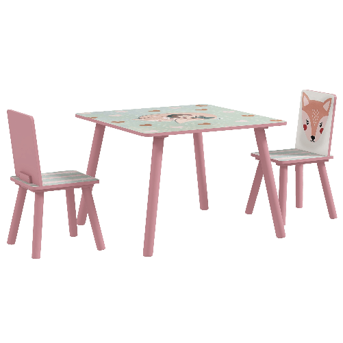 ZONEKIZ Set Tavolo e Sedie 3 Pezzi per Bambini 3-8 Anni in MDF e Legno di Pino con Disegni di Animali, Rosa