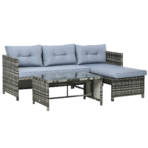 Outsunny Salotto da Giardino con Divanetto, Chaise Longue e Tavolino in Rattan PE con Cuscini, Grigio
