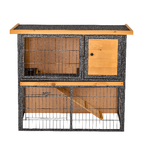 PawHut Gabbia per Conigli con Rampa e Area Aperta, Conigliera in Legno e Metallo su 2 Livelli, Giallo Chiaro, 89.5x45x81cm