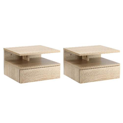 HOMCOM Set da 2 Comodini Moderni Sospesi con Cassetto e Ripiano in Legno 35x32x22.5cm, Rovere