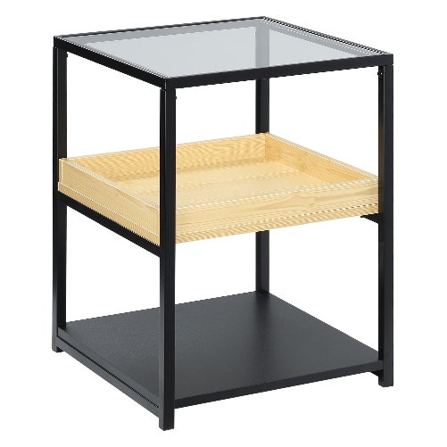 HOMCOM Tavolino da Caffè a 3 Ripiani, Ripiano in Vetro, Mensola in Legno, Struttura in Acciaio, 40x40x55cm