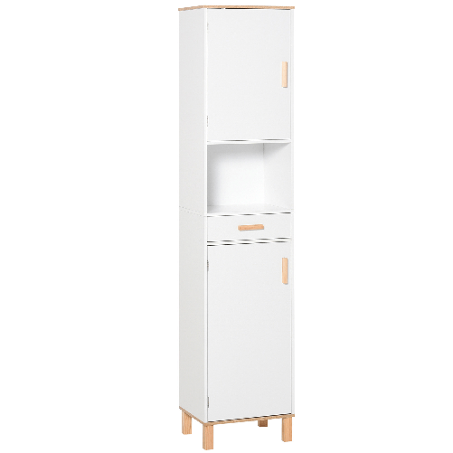 kleankin Mobile Salvaspazio Bagno in Legno Bianco, Mobile a Colonna con Armadietti e Cassetto 39x30x180cm