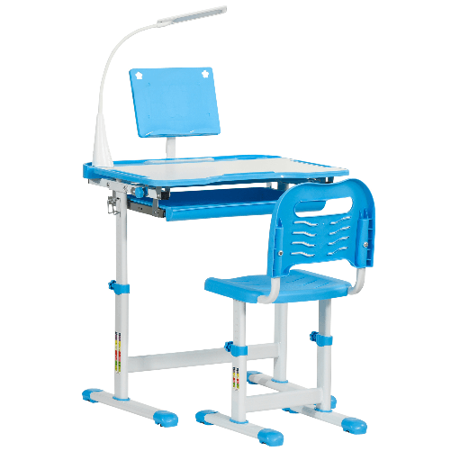 HOMCOM Banco Scuola con Sedia per Bambini 6-12 Anni con Altezza e Inclinazione Regolabile, Blu