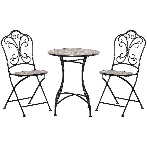 Outsunny Set Mobili da Giardino 3 Pezzi con 2 Sedie Pieghevoli e Tavolo da Caffè in Ceramica e Metallo, Nero