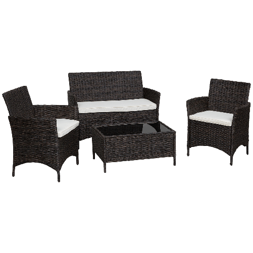 Outsunny Salottino da giardino esterno Set 4 Pzi:1 Divano/2 Poltrone/1 Tavolino, Set da Giardino in Rattan, Marrone Scuro e Bianco
