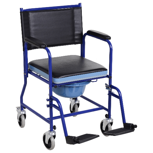 HOMCOM Sedia a Rotelle Bagno con Vaso Rimovibile in Tubi di Ferro e PVC, Nero e blu, 83x53x85cm