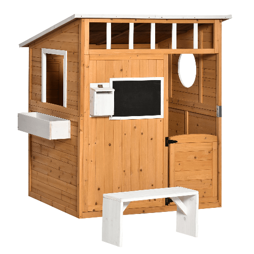 Outsunny Casetta per Bambini in Legno da Esterno con Porta, Finestre, Panca, Portavasi 122x108x135.5cm Gialla