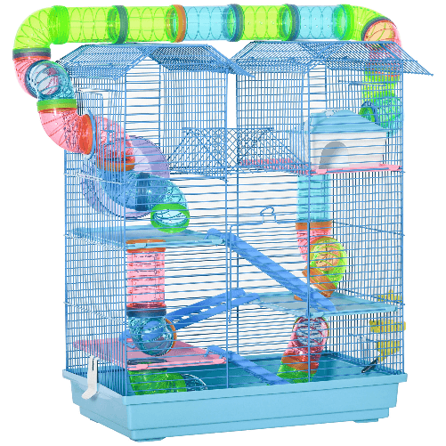 PawHut Gabbia per Criceti e Roditori a 5 Piani con Tubi Colorati, Ruota, Casetta e Accessori Inclusi, Blu, 47x30x59cm