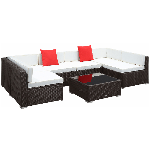 Outsunny Salotto da Giardino in Rattan da 7 Pezzi con Tavolino e Divano Modulabile con Cuscini, Crema