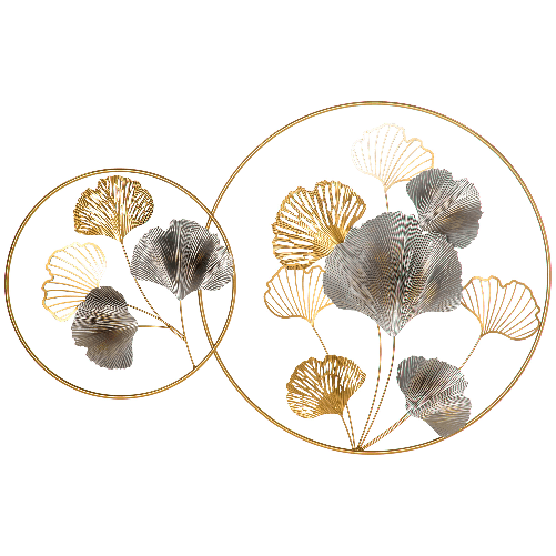 HOMCOM Decorazione Murale 3D in Metallo, Wall Art Dorata con Ginkgo in due Cornici Rotonde, 138x70 cm, Oro e Argento
