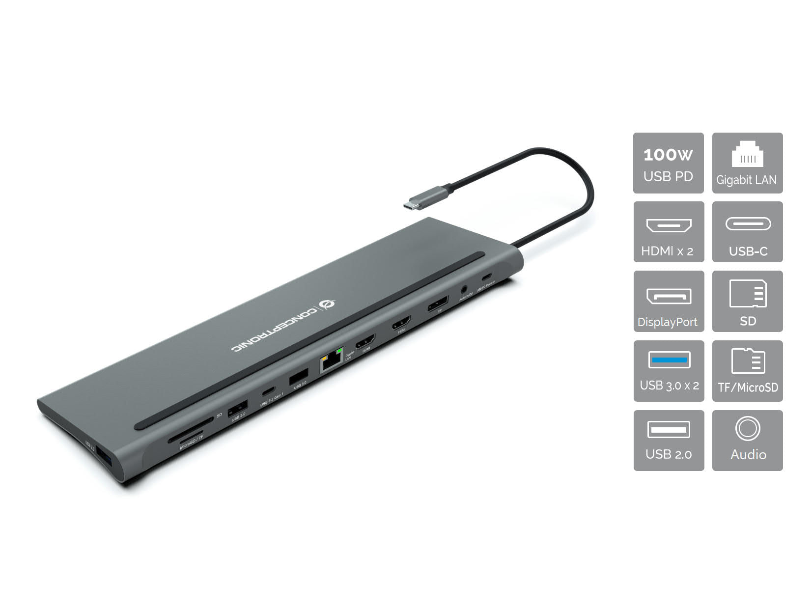 Conceptronic DONN17G replicatore di porte e docking station per laptop Cablato USB 3.2 Gen 1 (3.1 Gen 1) Type-C Grigio