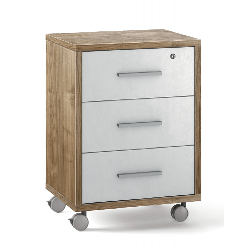 Cassettiera Ruote Mobile Noce Bianco 3 Cassetti con Chiave Ufficio Legno