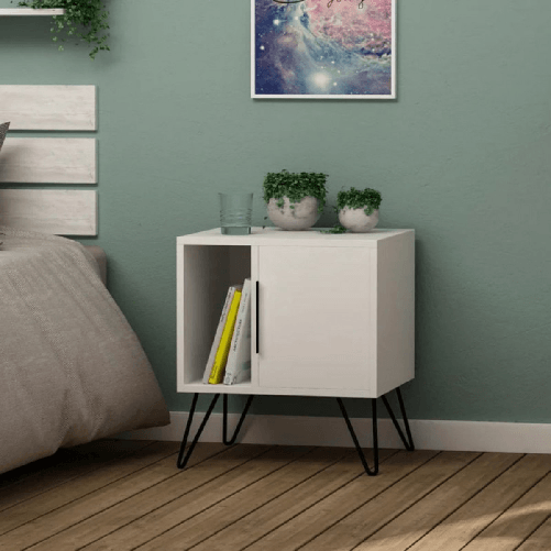 Comodino con Anta e Vano Salvaspazio per Camera da Letto Bianco Moderno