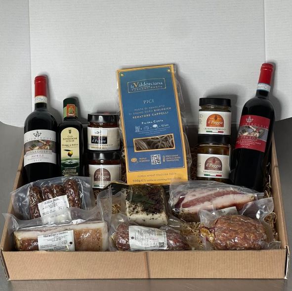 Cesto regalo gastronomico LE VALLI TOSCANE con specialità toscane in Confezione Regalo 14 pz Cesto Natalizio gastronomico LE VALLI TOSCANE con special