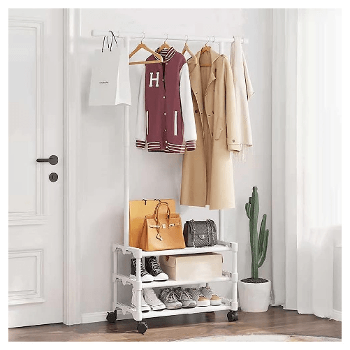 Trade Shop Traesio-stand Appendiabiti In Metallo Con Ruote Attaccapanni Con Ripiani Asta 56x35x165cm - Colore Bianco