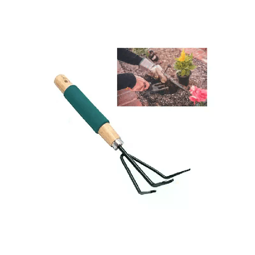 Rastrello giardino attrezzi 3 denti manico legno strumenti forchetta utensili