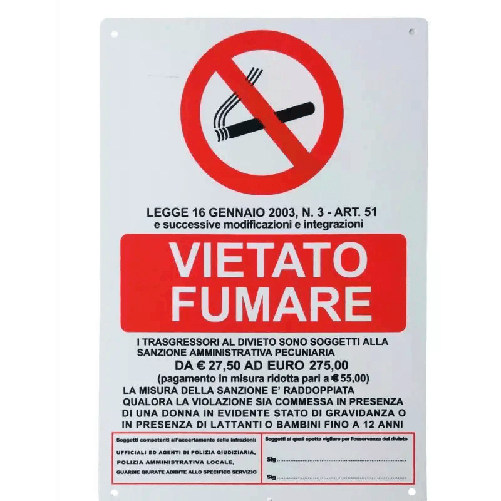 Cartello Vietato fumare Legge 16 Gennaio 2003 N.3 - ART.51 20 x 30 Cm in PVC