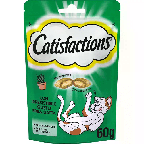 CATISFACTION Snack biscottini per gatto 6 confezioni da 60GR erba gatta