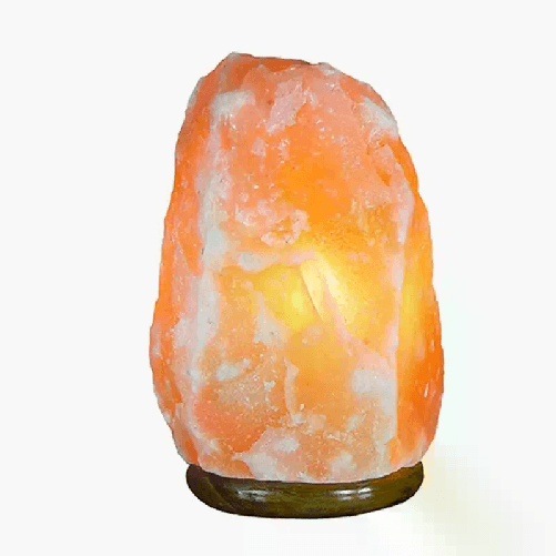 Lampada di sale rosa dell'Himalaya 1-2 Kg con base in legno e filo 15x10 cm