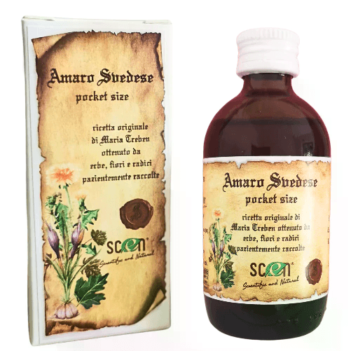 Amaro Svedese ricetta originale Maria Treben 50 ml Pocket size 50 ml pratico da portarsi dietro in viaggio, al ristorante, in vacanza - Scen