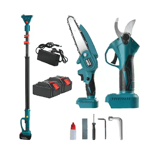 Kit completo potatura cesoia forbice + mini motosega 6" con doppia batteria e asta telescopica con comando integrato