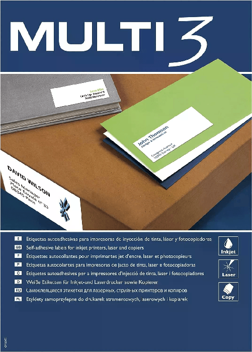 Confezione Multi3 da 2700 etichette bianche dimensioni 70x30 mm - 100 fogli x 27 etichette - adatte alla stampa