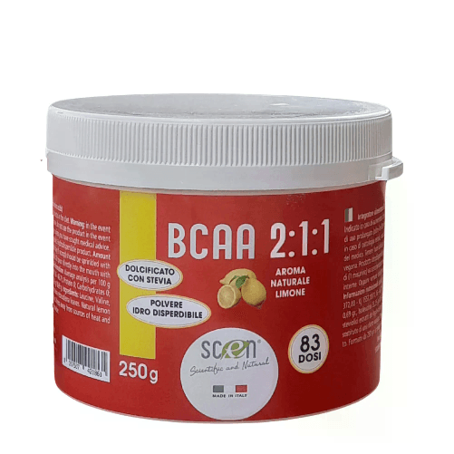 Scen BCAA 250 gr. polvere, aroma limone, dolcificati stevia, idrodisperdibili, adatto anche a VEGANI, gusto Limone
