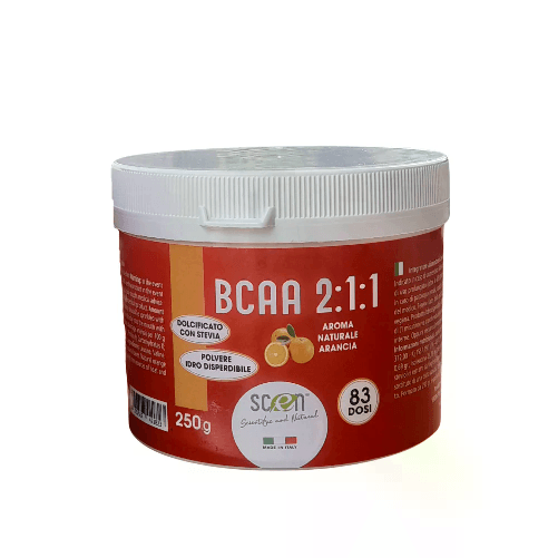 Scen BCAA 250 gr. polvere, aroma arancia, dolcificati stevia, idrodisperdibili, adatto anche a VEGANI, gusto Arancia