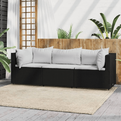 vidaXL Set Divani da Giardino 3 pz con Cuscini Nero in Polyrattan