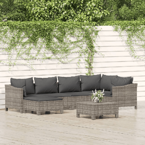 Set Divani da Giardino 7 pz con Cuscini in Polyrattan Grigio