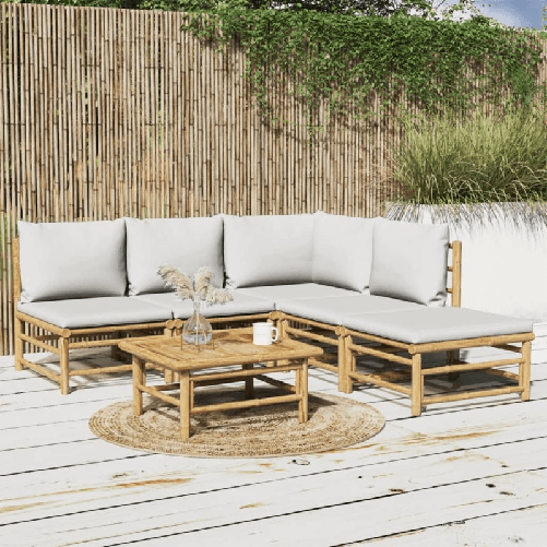 Set Salotto da Giardino 6pz con Cuscini Grigio Chiaro Bambù