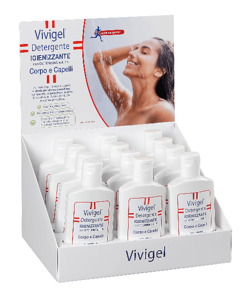 Vivigel, espositore da banco completo di 12 pz detergente igienizzante corpo e capelli 200 ml