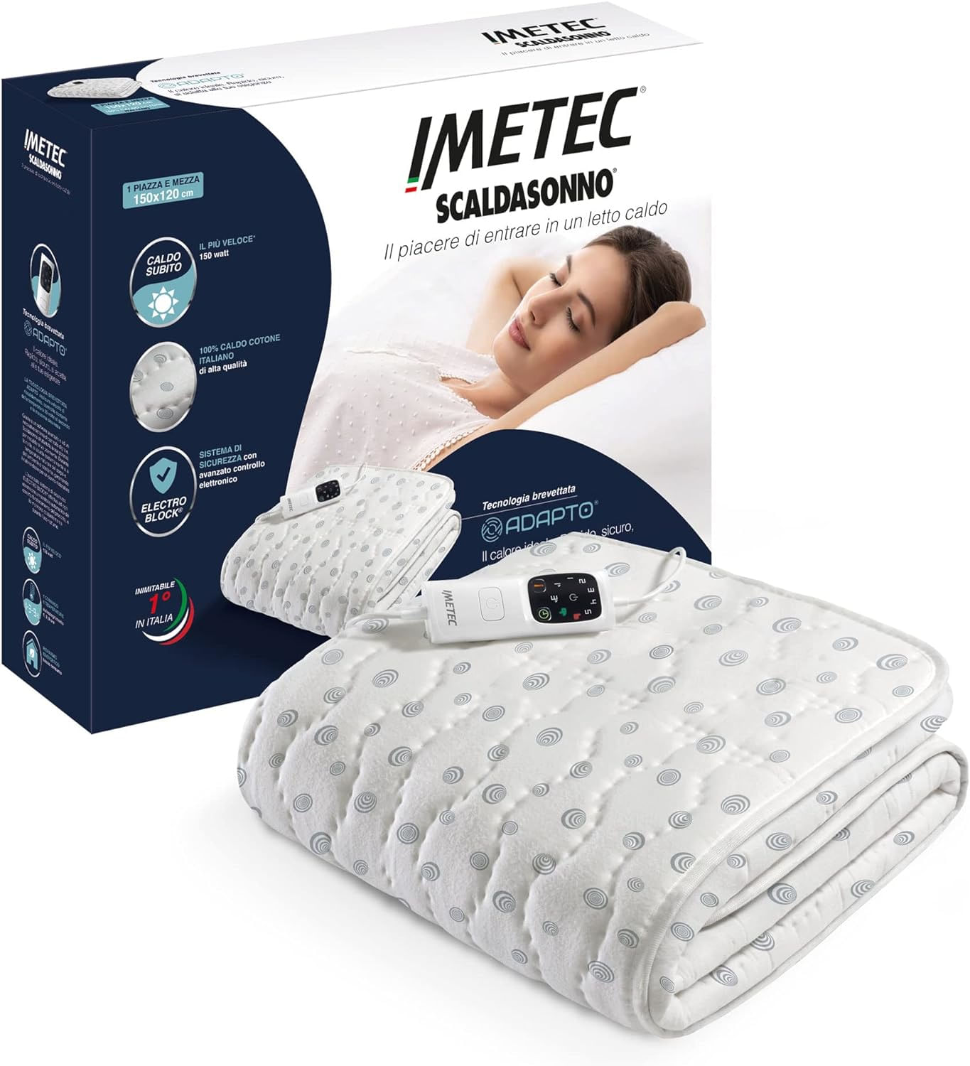 Imetec Scaldasonno Adapto piazza e mezza 150 x 120 cm, Basso consumo, Tecnologia brevettata, Riscaldamento rapido, Temperatura personalizzata, 100 % c