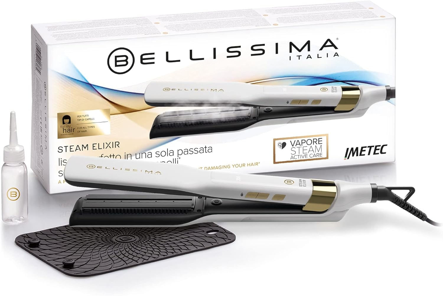 Bellissima Steam Elixir, Piastra a Vapore, Capelli lisci in Una Sola Passata Senza Danni, Rivestimento in Ceramica e Olio Argan, Rapido Riscaldamento,