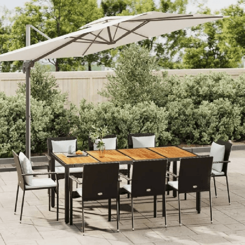 Set da Pranzo da Giardino 9 pz con Cuscini Nero in Polyrattan