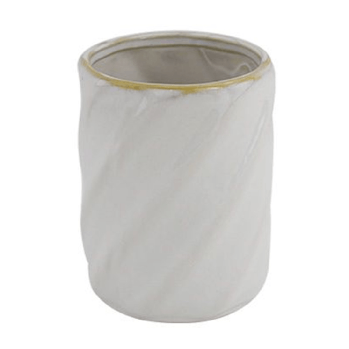 Cleafe-bicchiere Porta Spazzolini Ceramica Rigato Obbliquo Bianco Bordo Oro Arredo Bagno 87799 -