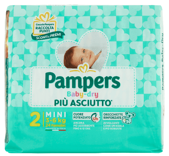 Fater Pampers Baby-Dry 2 3-6 Kg. 24 Pezzi Pannolini Made In Italy Pampers Pannolini Mini, Taglia 2 (3 - 6 kg), 24 pz