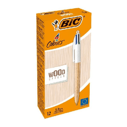 Penna a sfera retrattile Bic stile legno 4 colori - Punta media da 10 mm - Inchiostro a base di olio - Design legno - 4 colori