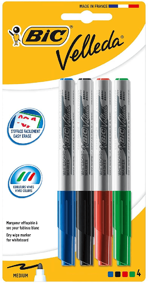 Bic Velleda BIC 1741 Pacchetto di 4 marker in ardesia - Punta centrale - ictus da 1,4 mm - Cancella ottimale