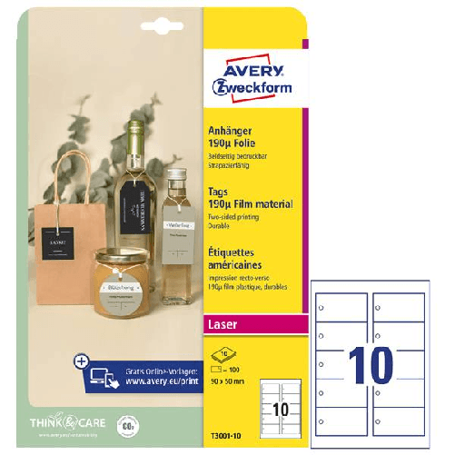 AVERY Cartellini stampabili resistenti 190mic 90x50mm 10fg(10cart/fg) bianco Avery Avery T3001-10 etichetta per corrispondenza Etichetta non adesiva B